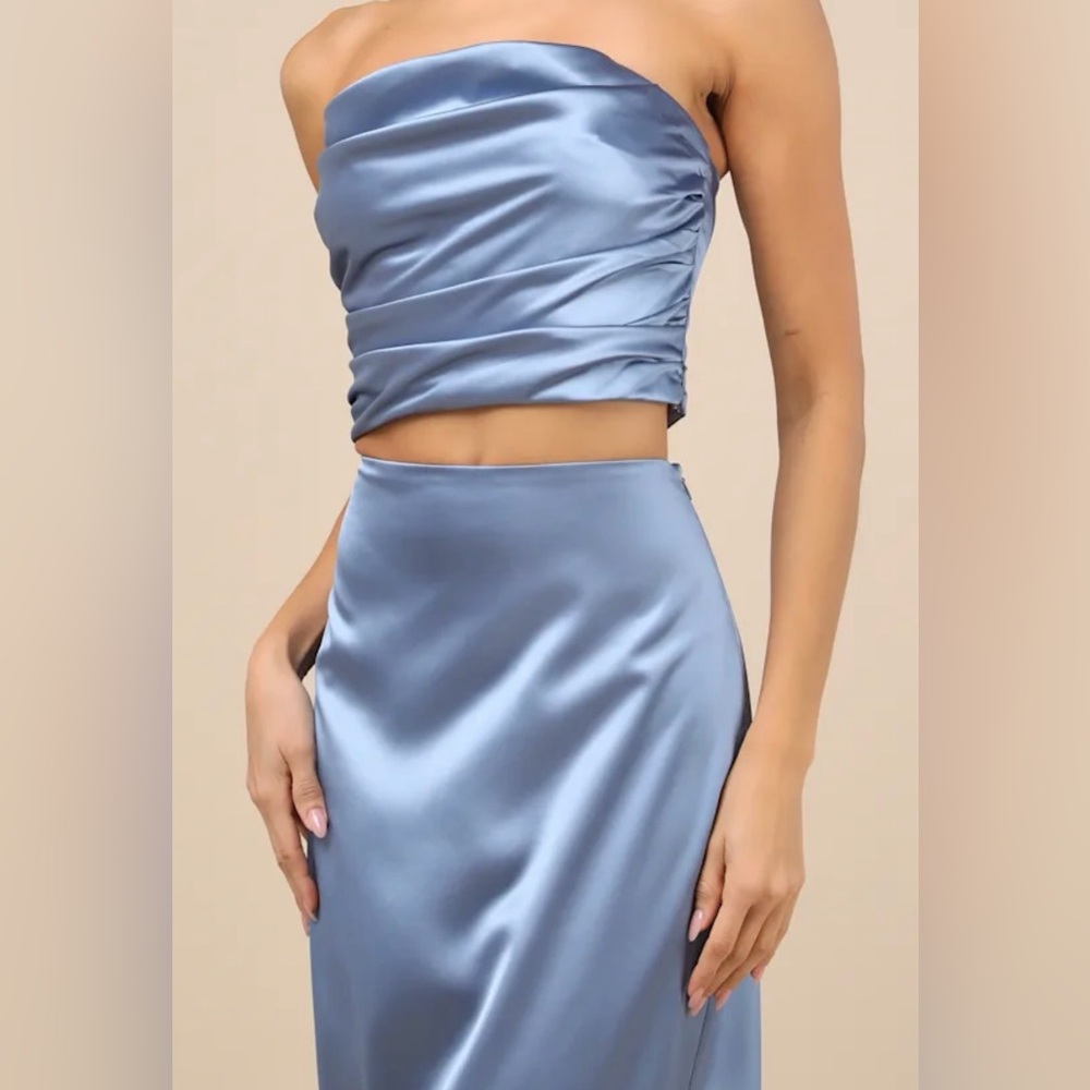 NWT Lulus Blue Strapless Satin Two-Piece Skirt Set Medium - Picture 3 of 16
